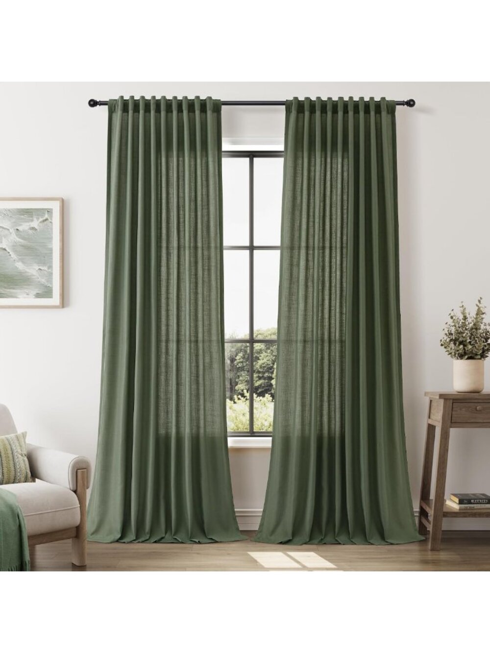 Olive Green 96" Linen Curtains for Living Room - Elegant, Light-Filtering Drapes